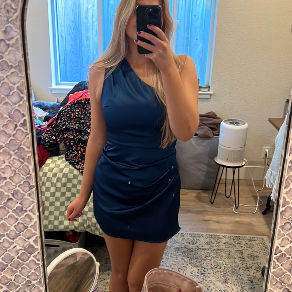 Blue Lulus Satin mini dress off shoulder
